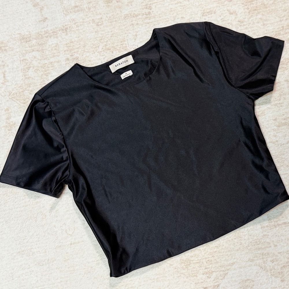 Babaton Black High Shine Short Sleeve Crop Top Crew Neck Stretch Shirt M